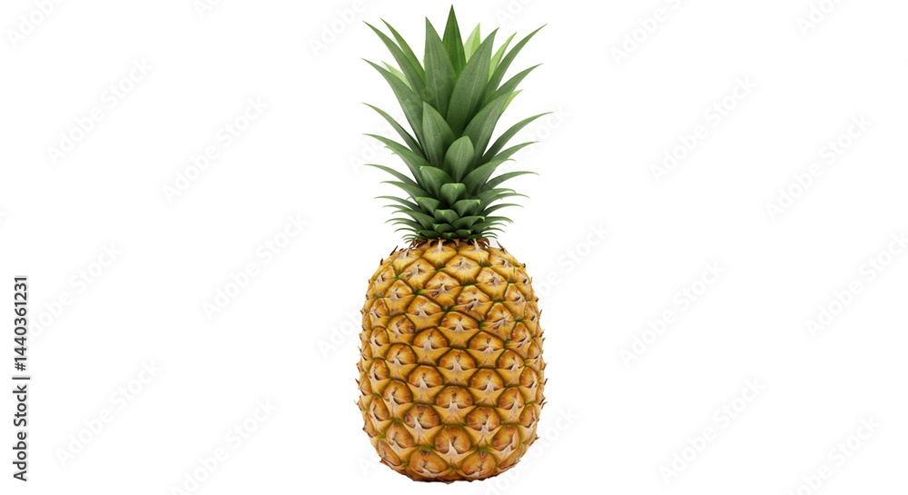 A ripe pineapple stands tall with its vibrant yellow and green hues against transparency. A ripe pineapple stands tall with its vibrant yellow and green hues against transparency.
