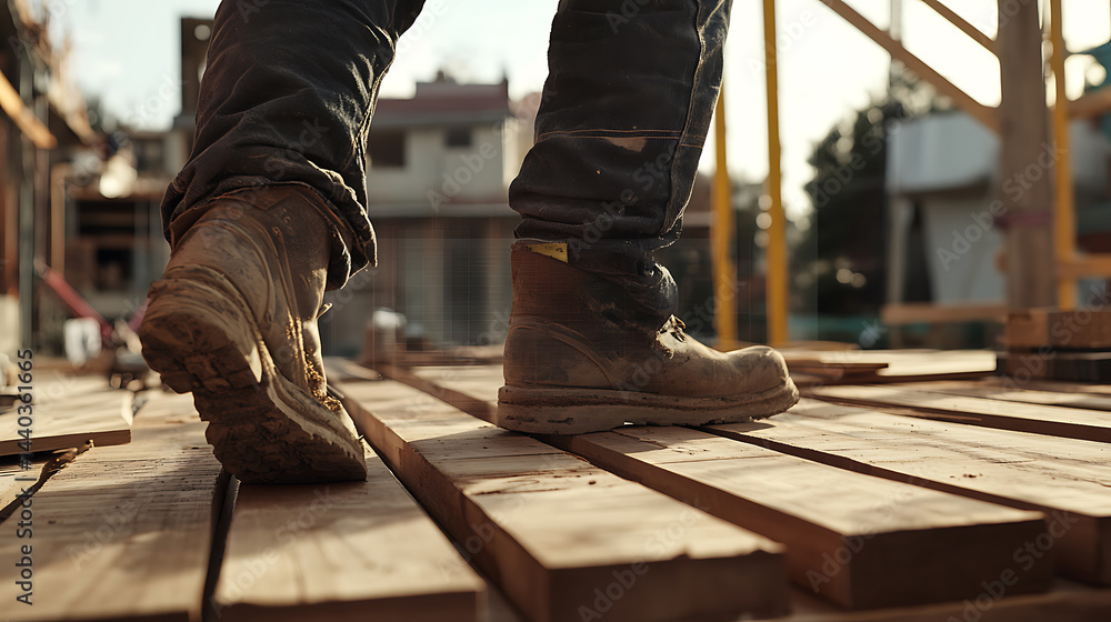 Construction Worker Walking on Wooden Planks