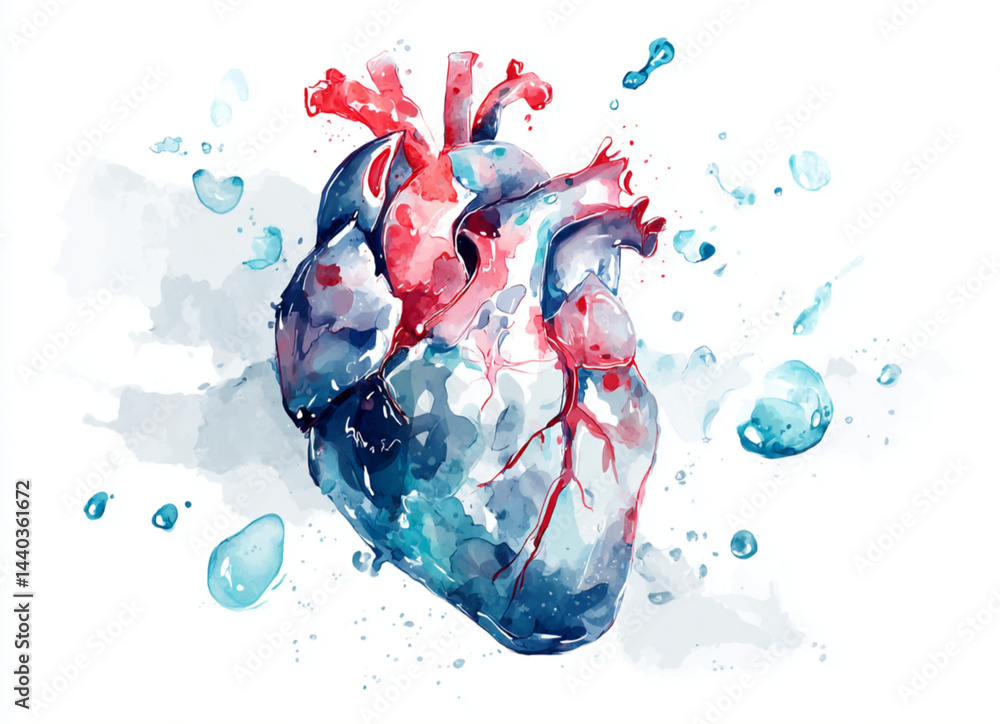 Watercolor illustration of a human heart, white background