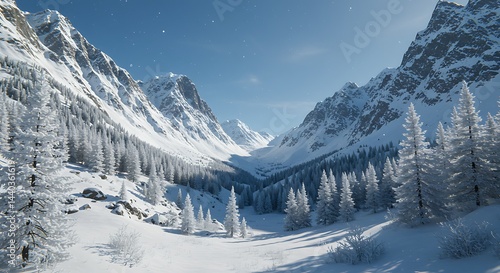 Snowy Mountain Valley Landscape with Evergreen Trees and Blue Sky