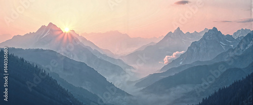 Majestic Sunrise Over Layered Mountain Ranges Scenic Vista Panoramic View