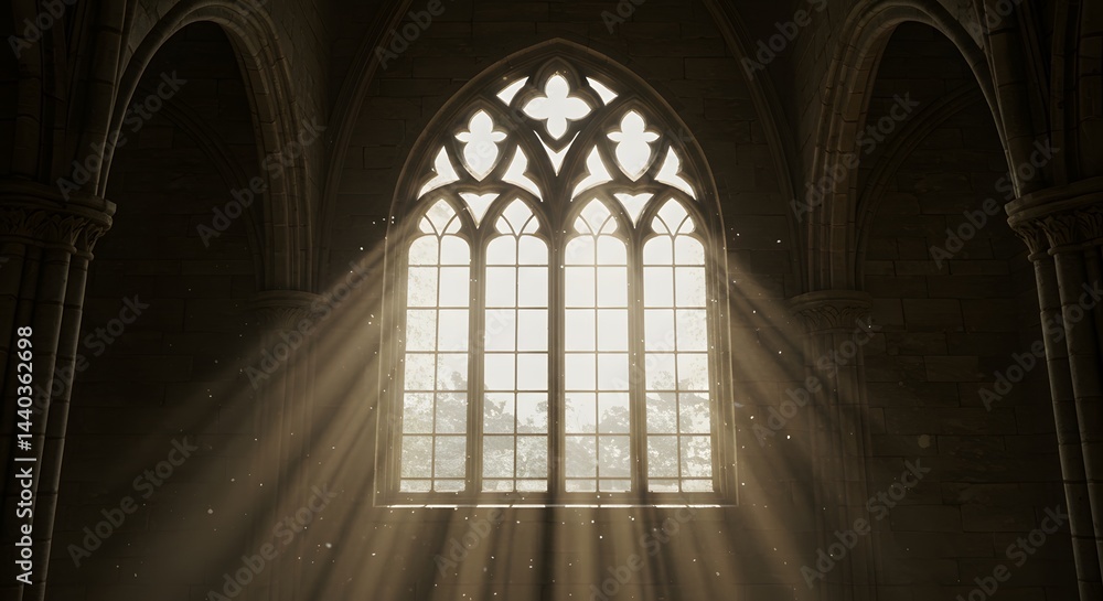 Light Streaming Through Arched Window in Stone Building Light Streaming Through Arched Window in Stone Building