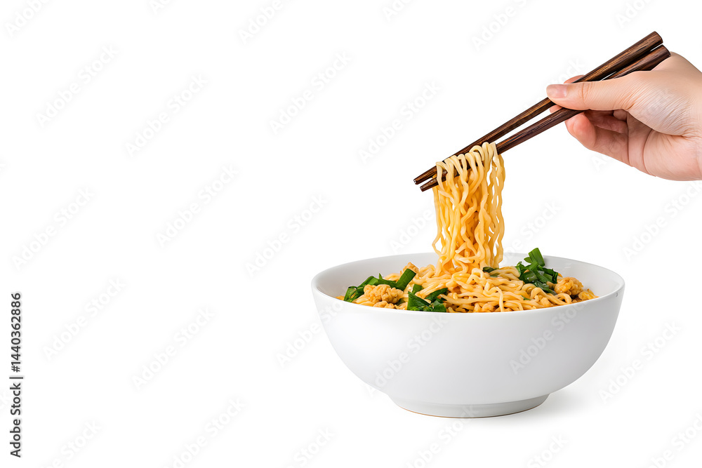 A bowl of instant noodles being lifted by chops isolated on white background