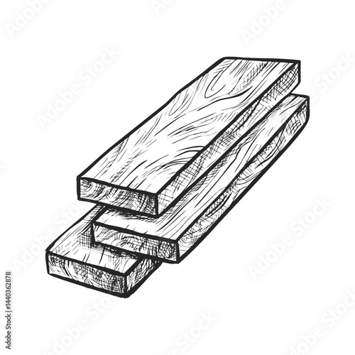 Wooden plank sketch. Vector lumber or hand drawn wood. Timber bar sketch or cut oak hardwood. Natural fuel for fireplace. Lump drawing or material chunk, bark. Realistic stub part with rough surface