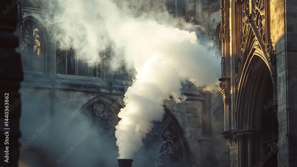 Fototapeta premium White smoke emerges from the chimney of a historic European church, symbolizing tradition, ceremony, and spiritual significance.