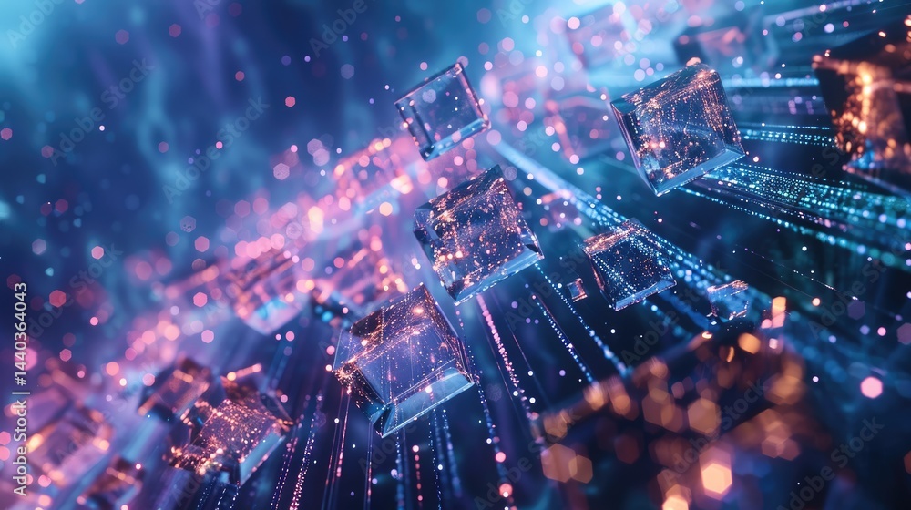 An abstract representation of data visualization featuring glowing blocks and dynamic streams, creating a sense of movement and innovation in a futuristic setting. An abstract representation of data visualization featuring glowing blocks and dynamic streams, creating a sense of movement and innovation in a futuristic setting.