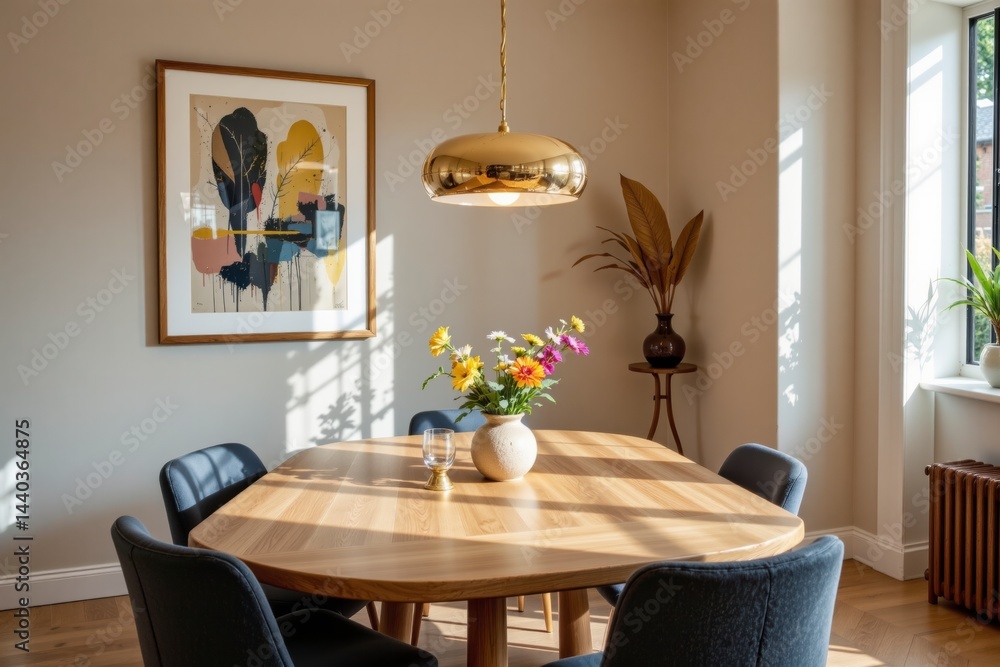 Modern Dining Room with Beautiful Flower Arrangement and Artwork Modern Dining Room with Beautiful Flower Arrangement and Artwork
