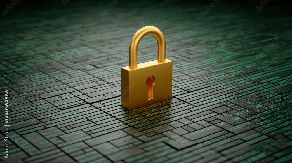 Fototapeta premium Minimalist padlock surrounded by binary code symbolizing secure digital environment