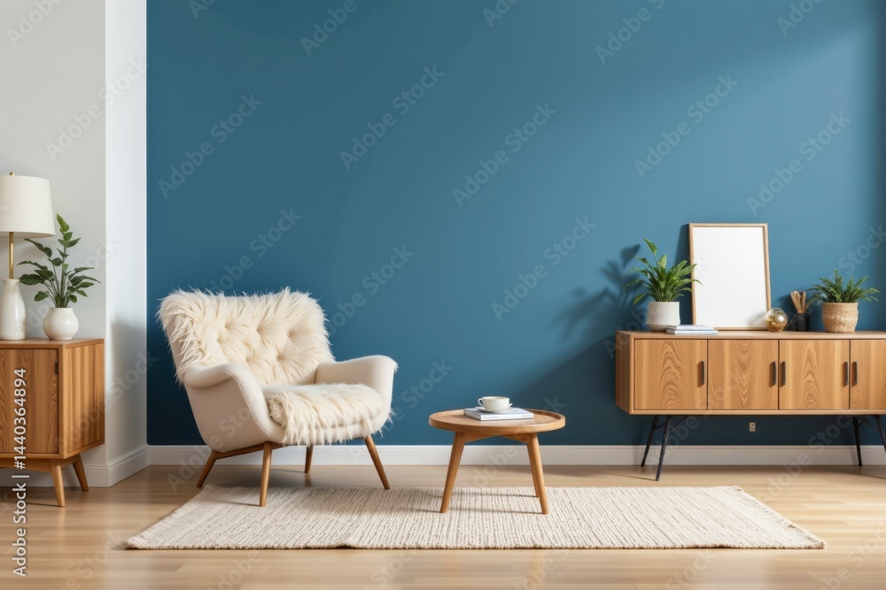 Fototapeta premium Cozy Modern Living Room with Blue Accent Wall and Stylish Furniture