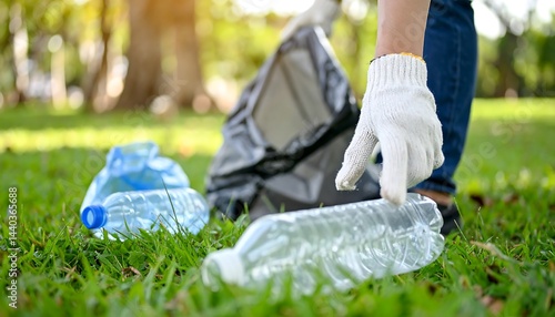 Wallpaper Mural Person Picking Up Plastic Bottles in a Park During a Community Clean-Up Activity on a Sunny Day Torontodigital.ca