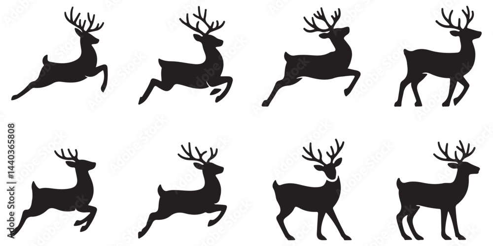 set of black vector reindeer, Christmas reindeer, deer, wild deer silhouettes set of black vector reindeer, Christmas reindeer, deer, wild deer silhouettes