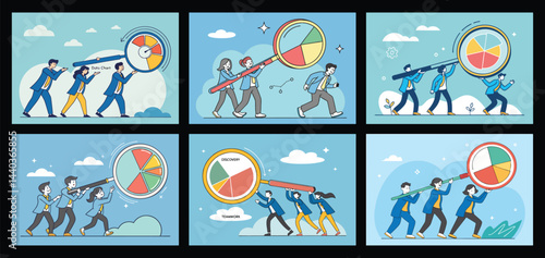Team analyzing pie charts with a magnifying glass