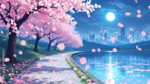 Blossom Trees by Lake Cityscape in Moonlight Peaceful Scene