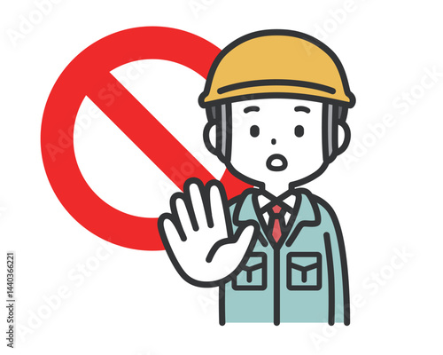 STOPマークと制止する作業員男性