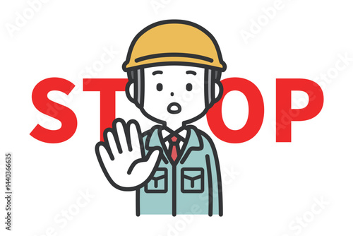 STOP文字と制止する作業服男性