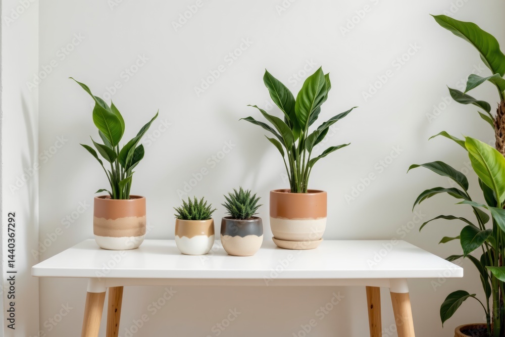 Fototapeta premium Indoor Plants in Stylish Pots on Modern Table with Neutral Background