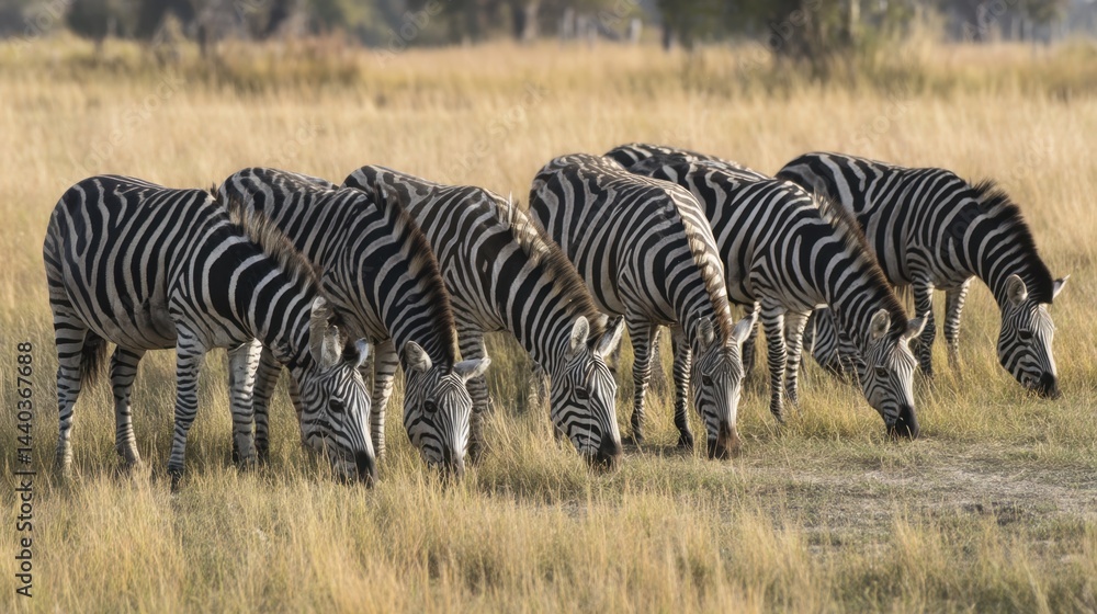 Obraz premium Daurian Zebra Herd Grazing in Golden Savanna Grassland