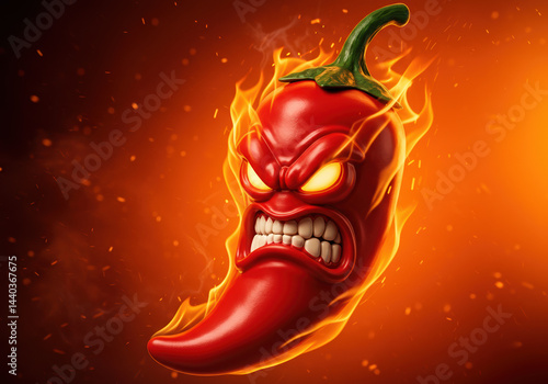 Burning toasted red Chili character on fire with burning rage - isolated background