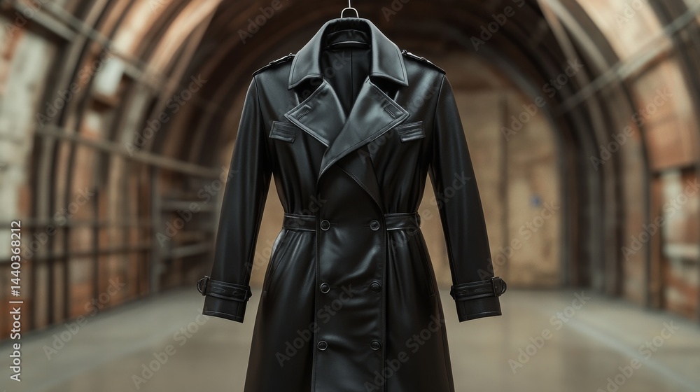 Fototapeta premium Elegant Black Leather Trench Coat on Hanger, Style, Fashion