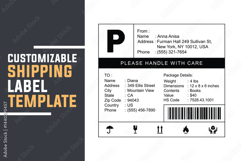 Naklejka premium Customizable Shipping Label Template. Editable Delivery Label for Packages, E-commerce, and Logistics