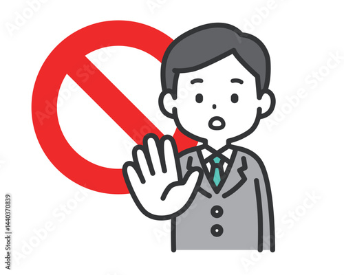 STOPマークと制止するスーツ男性