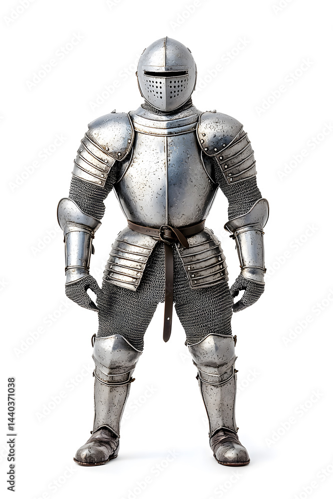 Full body Medieval knight in shiny metallic armor isolated on background Full body Medieval knight in shiny metallic armor isolated on background