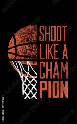 Grunge style basketball design on black background with half a basketball, net and text “Throw Like a Champion” orange and white color with scuffed texture .