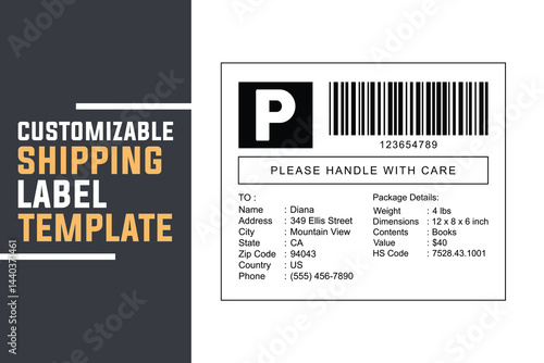 Customizable Shipping Label Template. Editable Parcel Delivery Form for Packages, Logistics, Courier, and E-commerce Shipments. Printable Shipping Tag Design