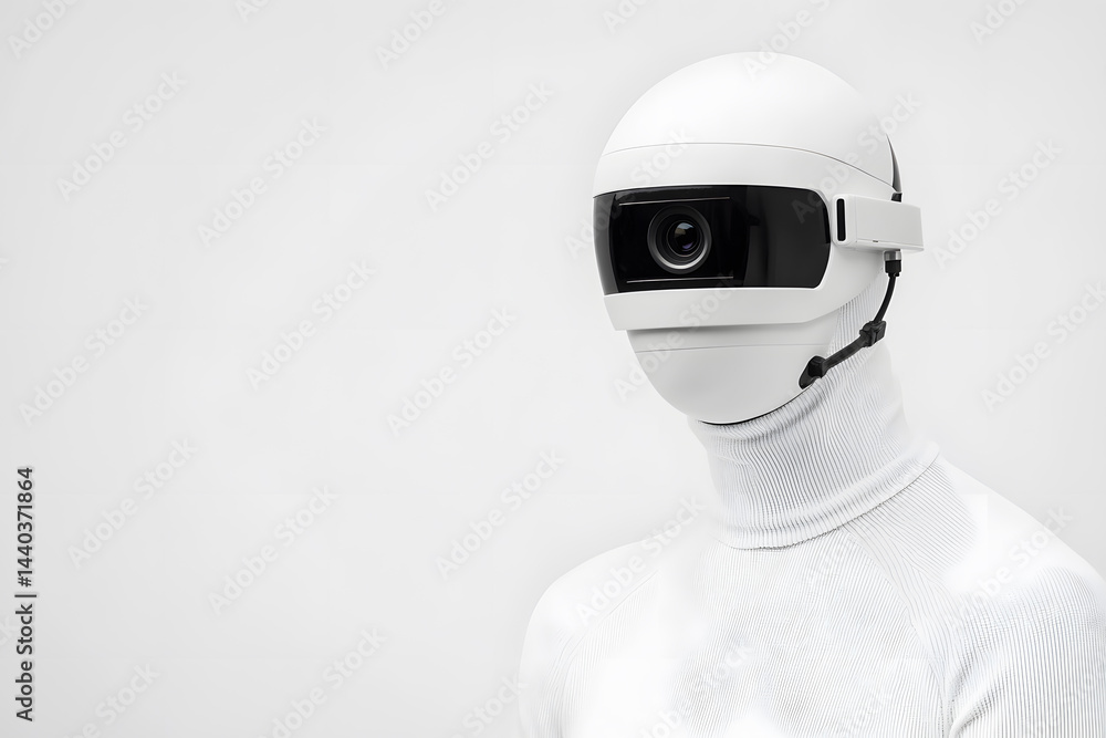 3d White humanoid robot head with a CCTV camera isolated on white background. Camera video security 3d White humanoid robot head with a CCTV camera isolated on white background. Camera video security