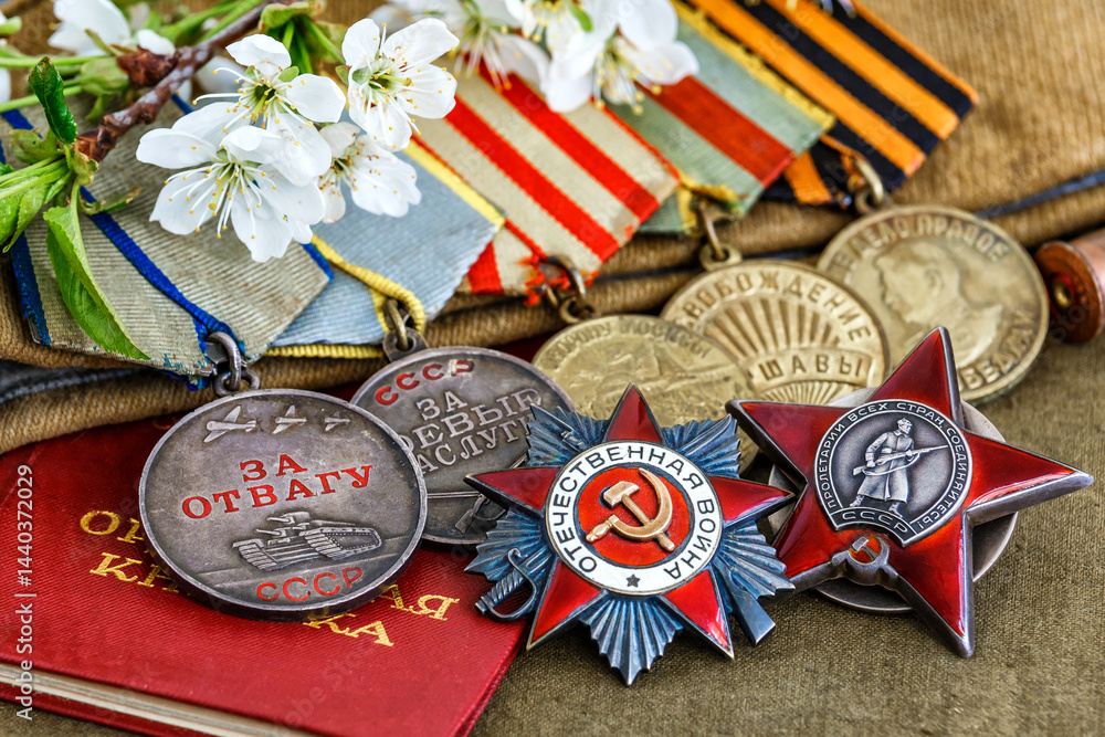 Naklejka premium Orders and medals of the USSR.Awards of the Second world war close-up.Victory Day - 9 of may 1945. Soviet military awards.Phaleristics.Antikvariat.