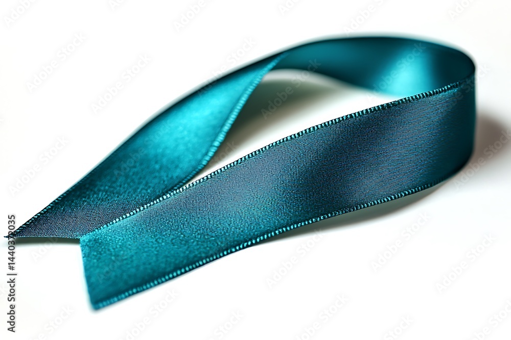 Teal Ribbon Loop on White Backdrop. Symbolic Teal Fabric on White Surface Teal Ribbon Loop on White Backdrop. Symbolic Teal Fabric on White Surface