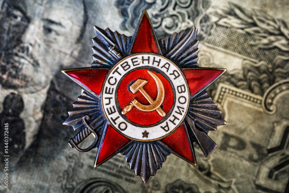 Naklejka premium Orders and medals of the USSR.Awards of the Second world war close-up.Victory Day - 9 of may 1945. Soviet military awards.Phaleristics.Antikvariat.