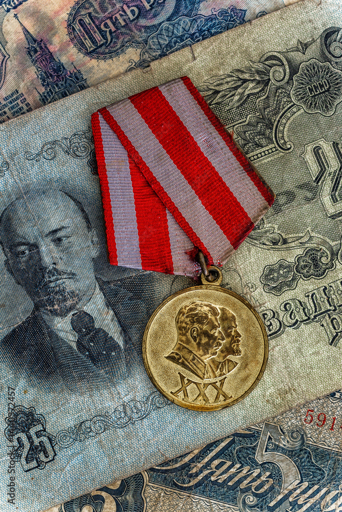 Naklejka premium Orders and medals of the USSR.Awards of the Second world war close-up.Victory Day - 9 of may 1945. Soviet military awards.Phaleristics.Antikvariat.