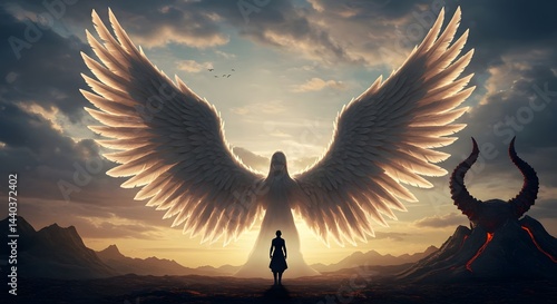 Woman Facing Angelic Being with Wings Opposed to Devilish Figure at Sunset