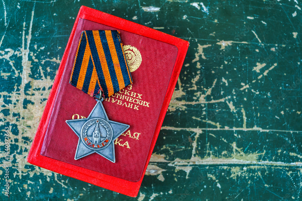 Naklejka premium Orders and medals of the USSR.Awards of the Second world war close-up.Victory Day - 9 of may 1945. Soviet military awards.Phaleristics.Antikvariat.