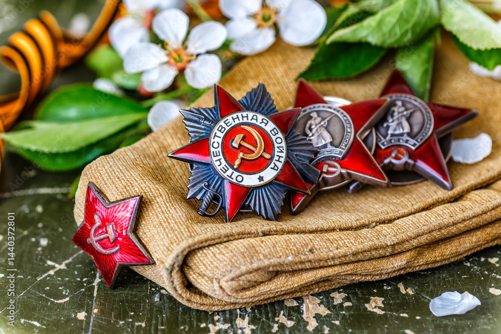 Naklejka premium Orders and medals of the USSR.Awards of the Second world war close-up.Victory Day - 9 of may 1945. Soviet military awards.Phaleristics.Antikvariat.