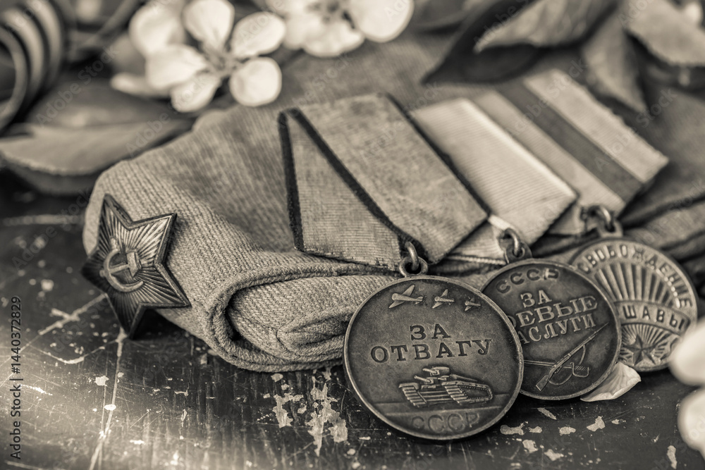 Naklejka premium Orders and medals of the USSR.Awards of the Second world war close-up.Victory Day - 9 of may 1945. Soviet military awards.Phaleristics.Antikvariat.