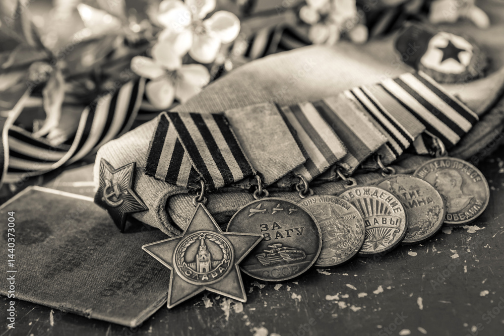 Naklejka premium Orders and medals of the USSR.Awards of the Second world war close-up.Victory Day - 9 of may 1945. Soviet military awards.Phaleristics.Antikvariat.