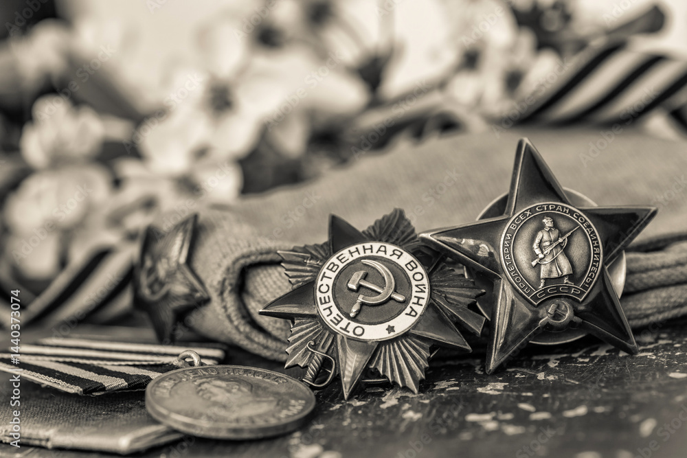 Naklejka premium Orders and medals of the USSR.Awards of the Second world war close-up.Victory Day - 9 of may 1945. Soviet military awards.Phaleristics.Antikvariat.