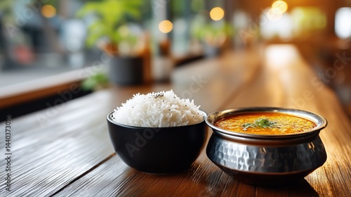 Indian food, Bowl of steamed white rice served with curry