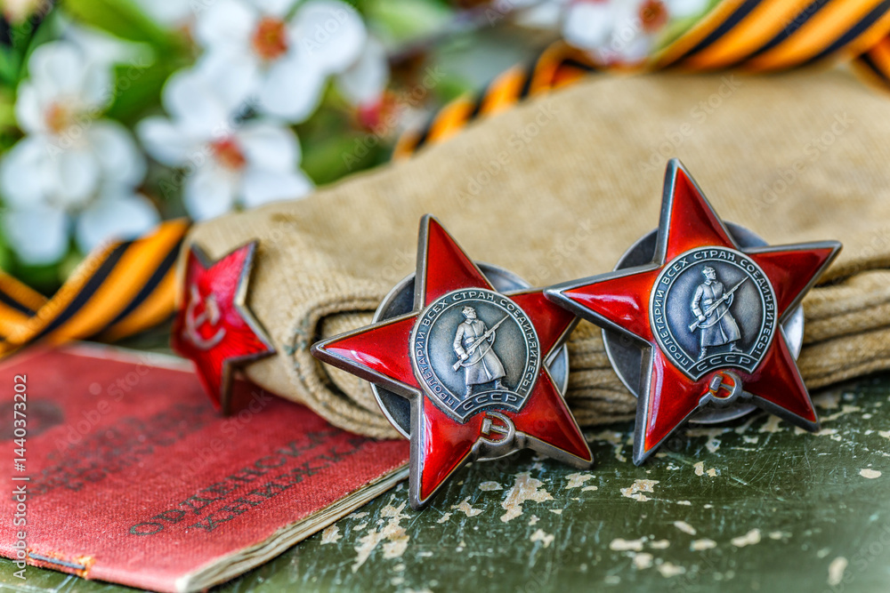 Naklejka premium Orders and medals of the USSR.Awards of the Second world war close-up.Victory Day - 9 of may 1945. Soviet military awards.Phaleristics.Antikvariat.