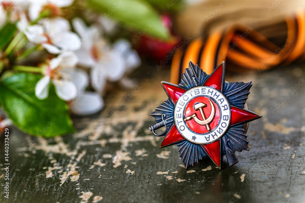 Naklejka premium Orders and medals of the USSR.Awards of the Second world war close-up.Victory Day - 9 of may 1945. Soviet military awards.Phaleristics.Antikvariat.