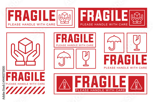 Fragile Label Sticker Template Set. Red Handle With Care Shipping Warning Signs for Packaging, Delivery, Cargo, and Logistics