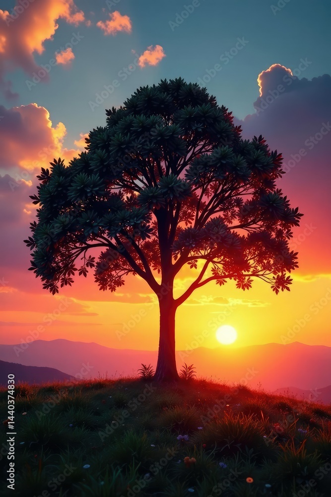 Fototapeta premium A single tree against the backdrop of a sunset, scenery, peaceful, tree