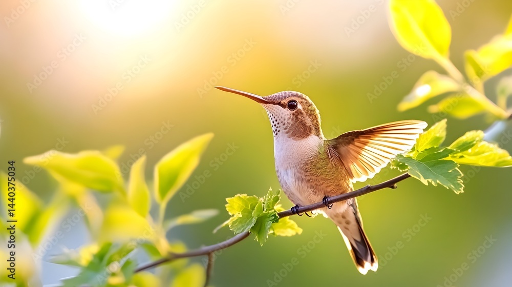 Naklejka premium A tiny bird with iridescent feathers perches on a branch, wings slightly spread, bathed in warm sunlight amongst vibrant green leaves