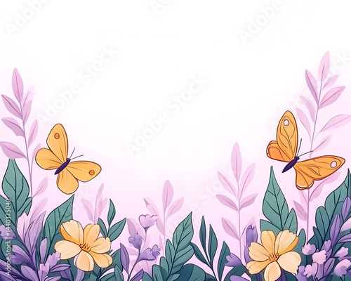 Delicate pastel floral border with two butterflies
