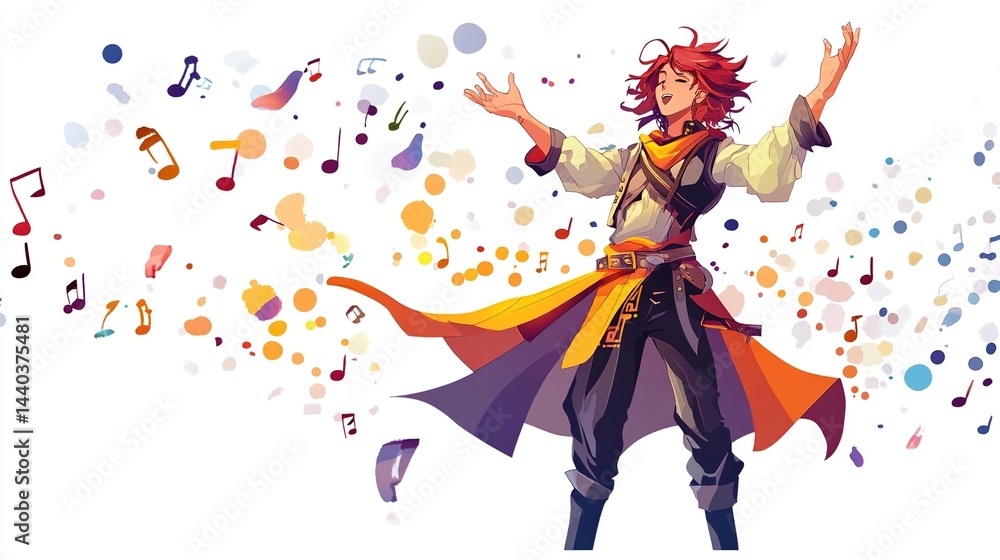 Fototapeta premium Young man singing, musical notes swirling around him.