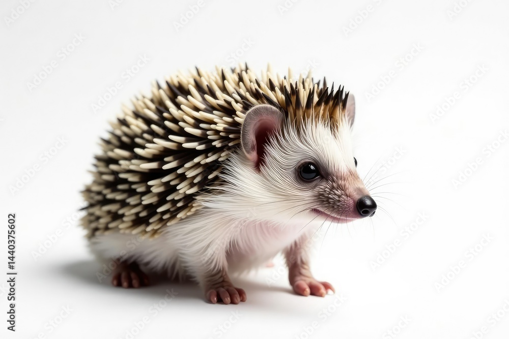 Tiny hedgehog posed on white background, curled slightly , graphic, mammal, quirky Tiny hedgehog posed on white background, curled slightly , graphic, mammal, quirky