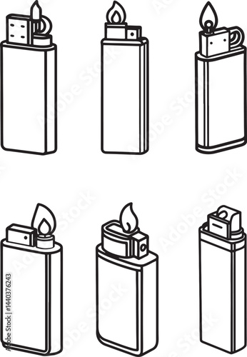 set of lighter line art, black outline, vector and illustration, coloring book page line art drawing