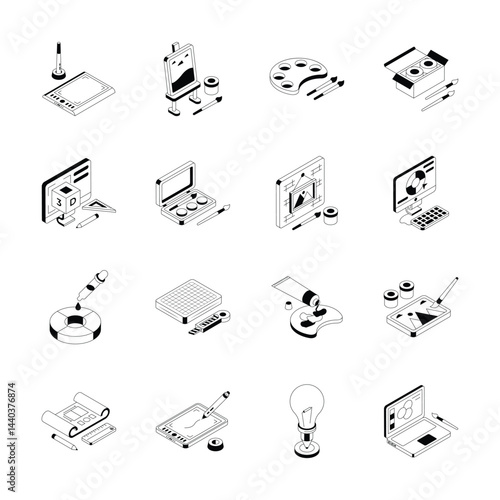 An isometric collection showing graphic designing and art supplies icons